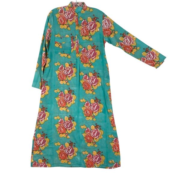 LISA CORTI Milano Dress S Floral Green Pink Gold-Button Henley Long-Sleeve”Kurta - Picture 2 of 15